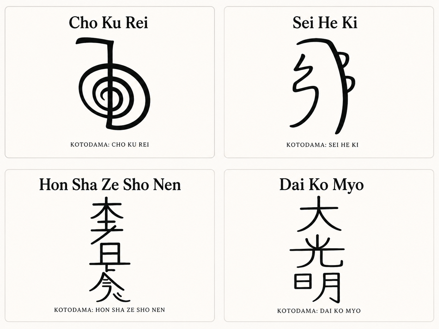 Dibujos de los símbolos Reiki Cho Ku Rei, Sei He Ki, Hon Sha Ze Sho Nen y Dai Ko Myo